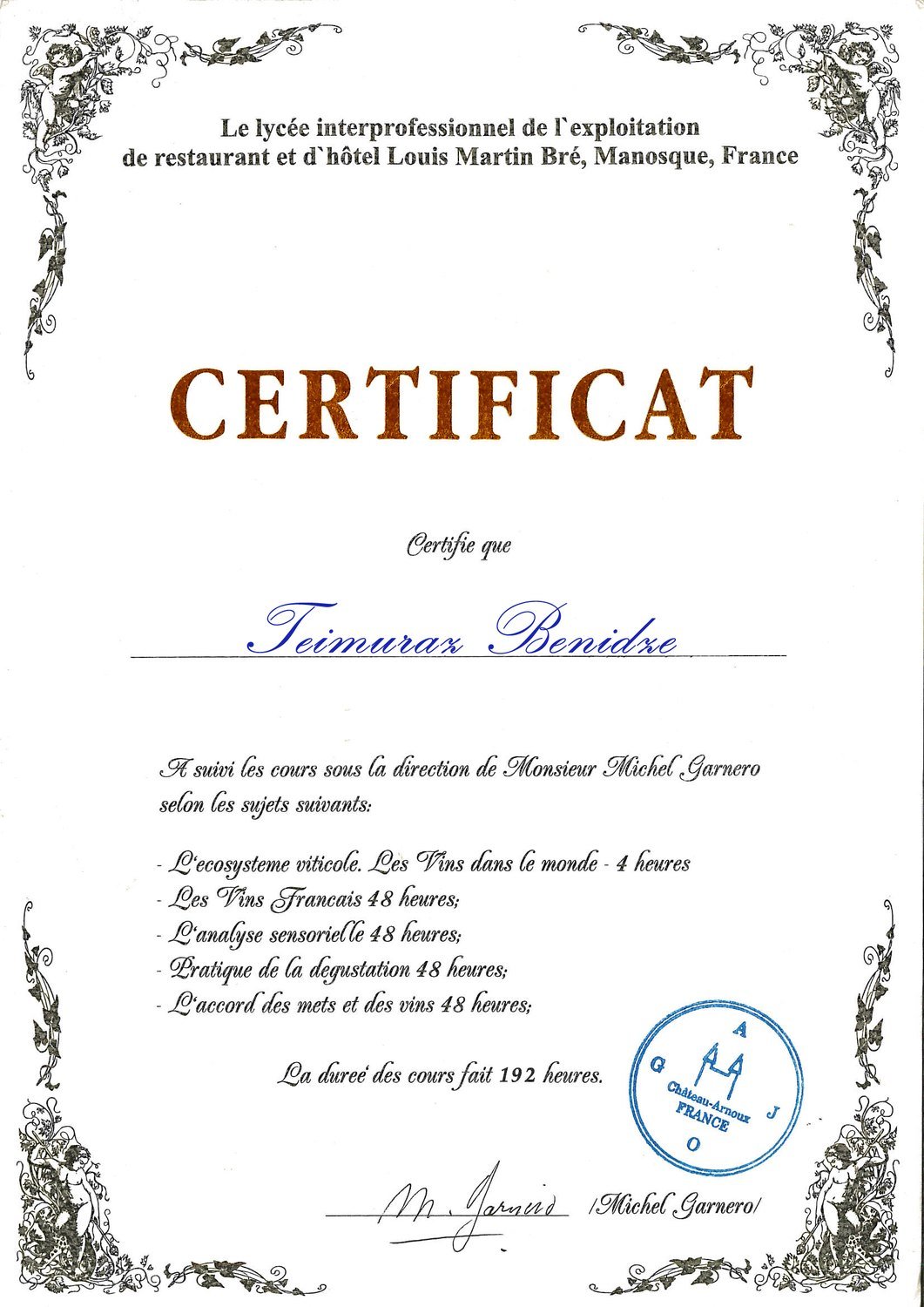 Certificat - Wine & Sommellerie