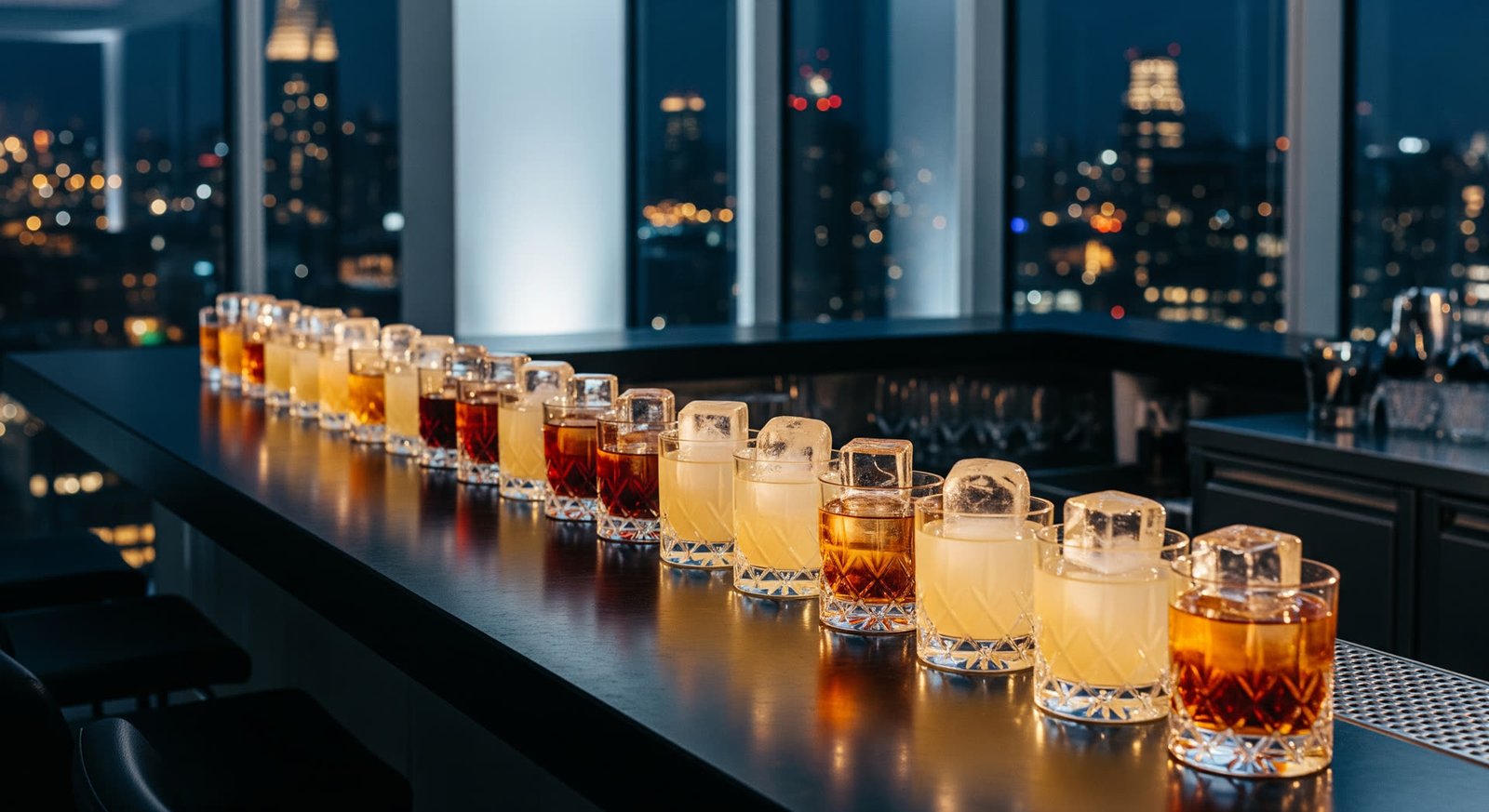 A row of cocktails on a dark loft bar with city lights behind