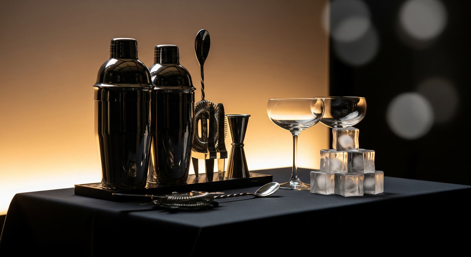 A bartender station set for an event: shakers, jigger, coupe glasses and clear ice in champagne light