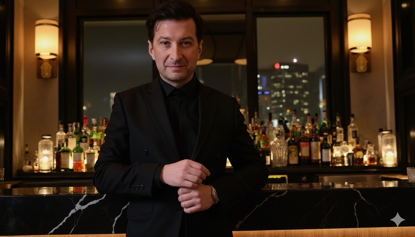 Teimuraz Benidze, founder of Ice & Instinct, in a dark room behind the bar