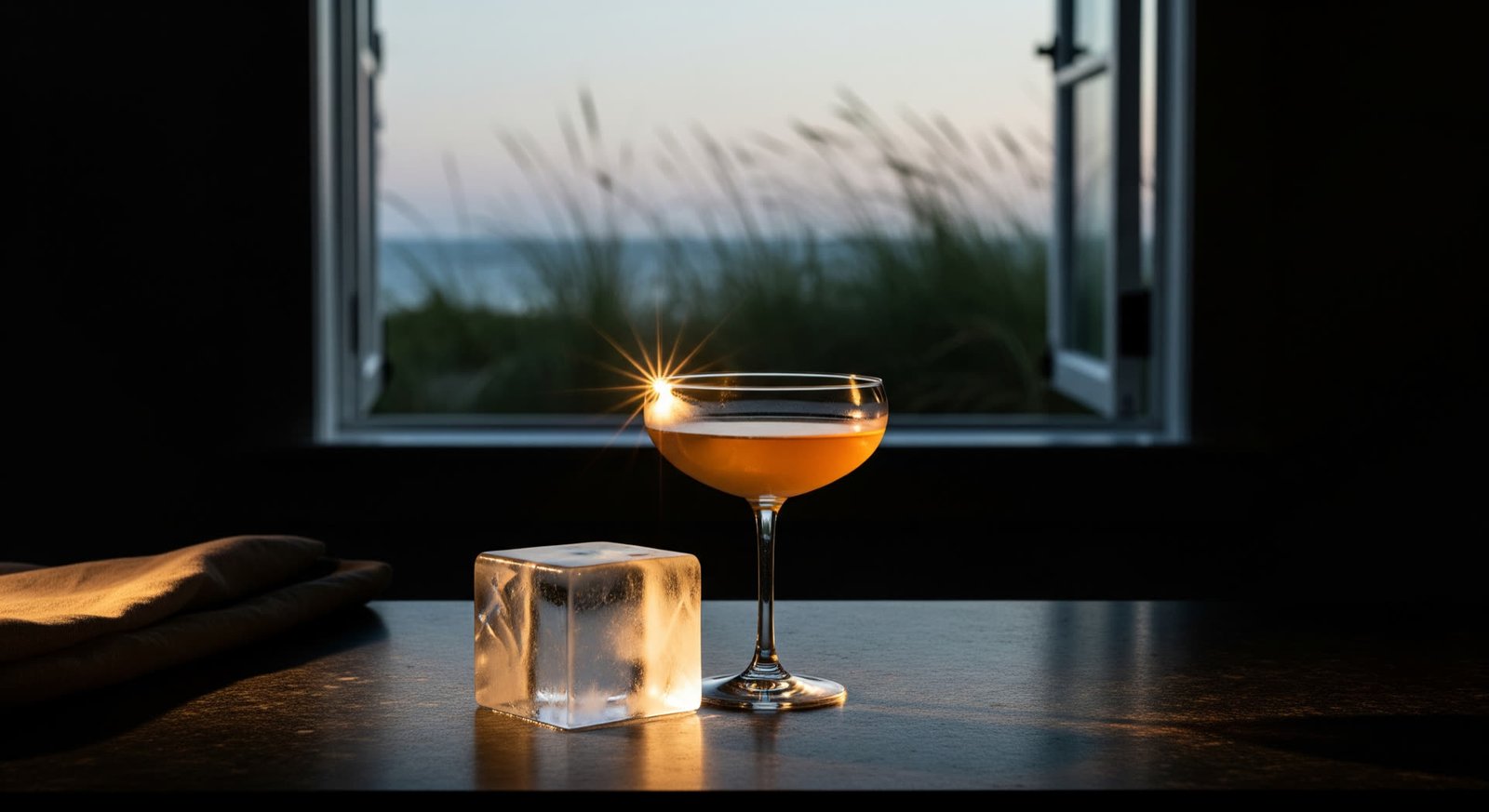 A coupe cocktail and a clear ice cube on a dark counter, dune grass and ocean haze through an open window at dusk