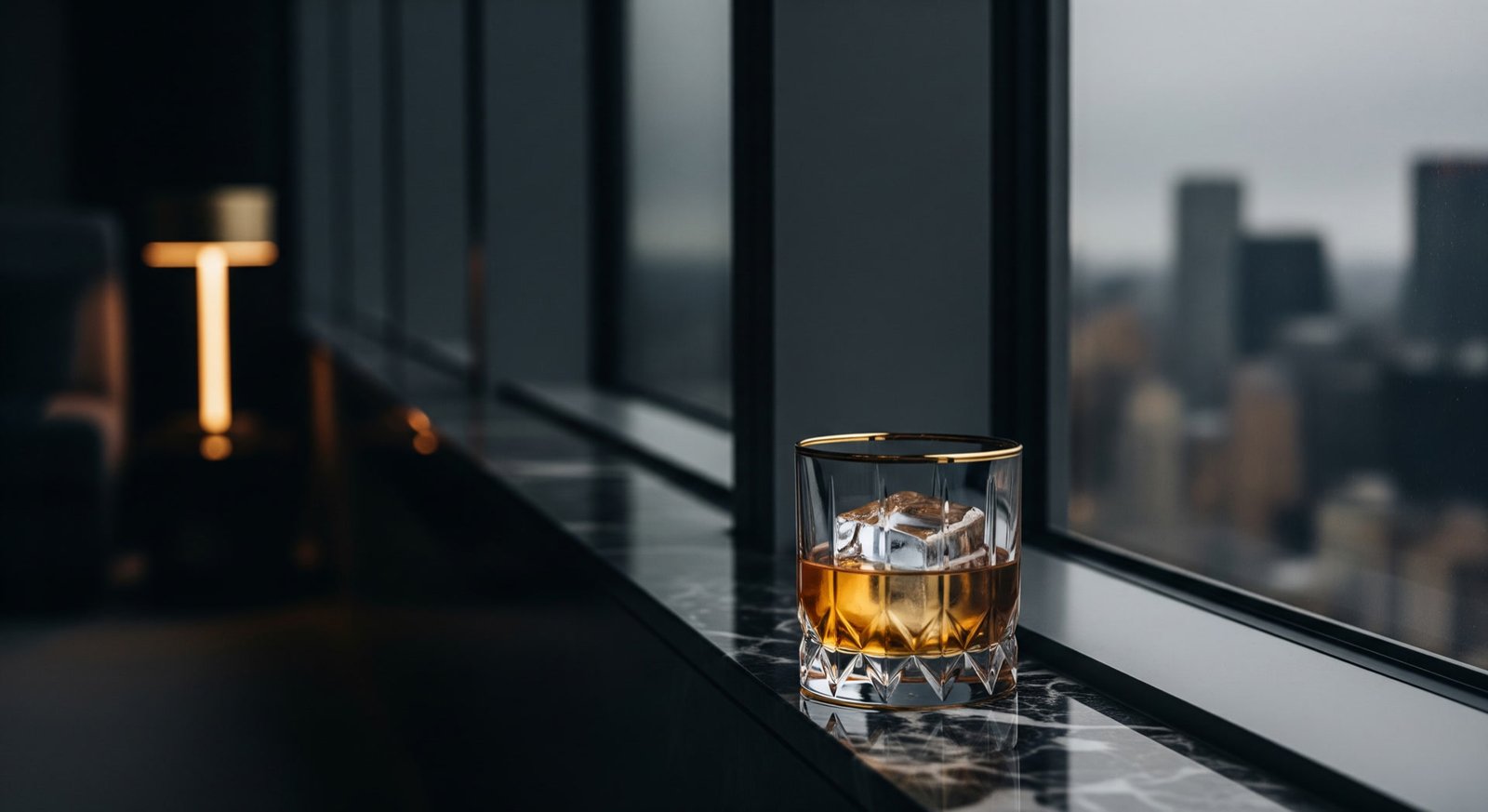 A cocktail over one clear ice cube on a marble ledge, the Manhattan skyline soft behind the glass