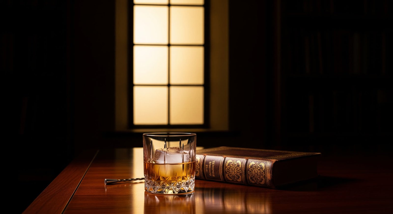 A cut-crystal rocks glass with clear ice in a dark estate library, gold light through a paned window