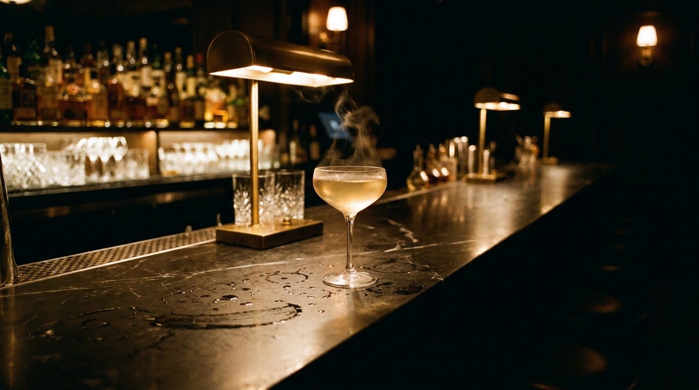 A lone cocktail under a brass lamp in a dim speakeasy bar