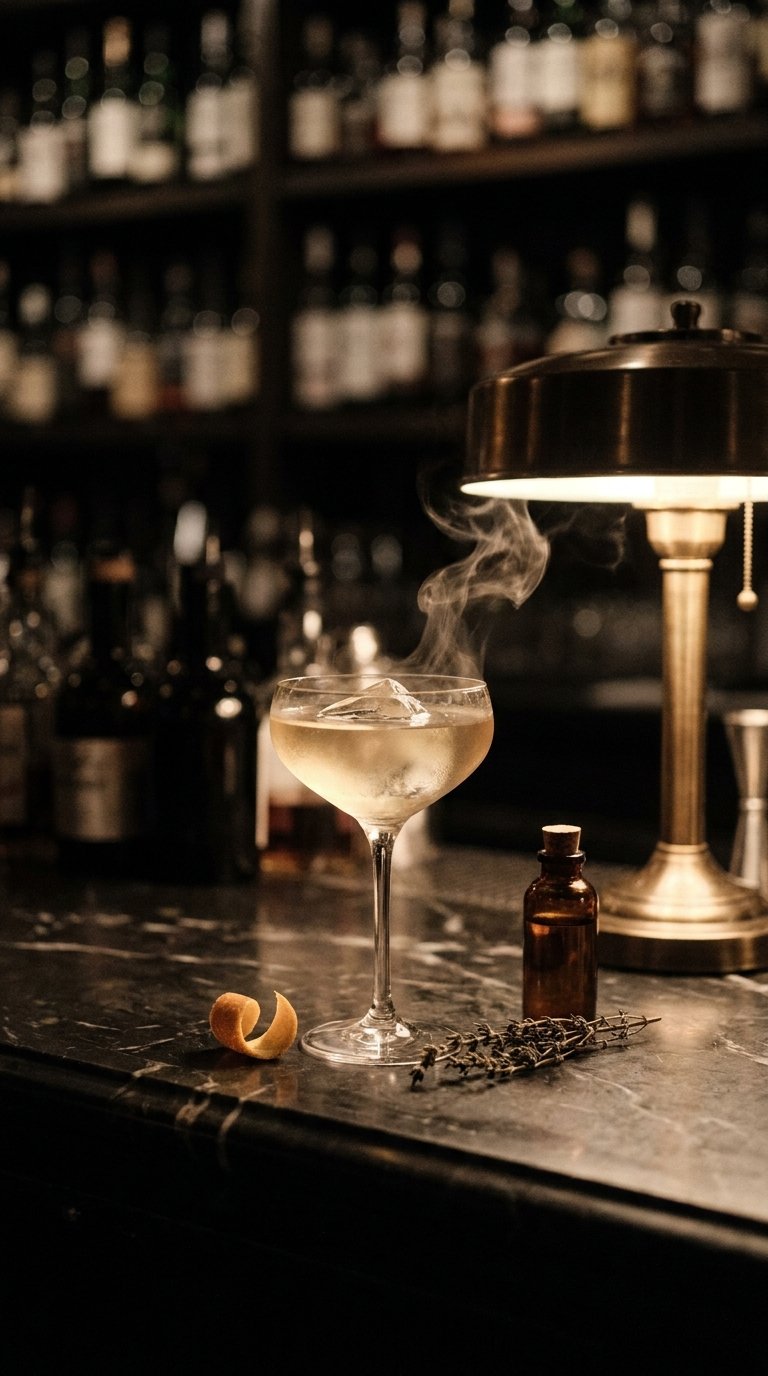 Omakase Improvisation - a lone cocktail with rising vapor in a dim speakeasy